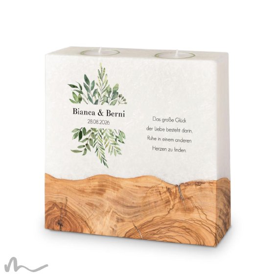 Hochzeitskerze breites Holzelement Greenery 20 x 20 cm